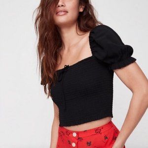 Wilfred aritzia smocked peasant top BLACK medium boho